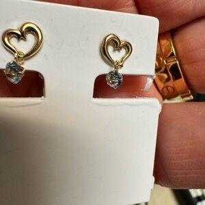 K10 Japan Gold Heart Earrings with Blue Topaz Crystal Drop
